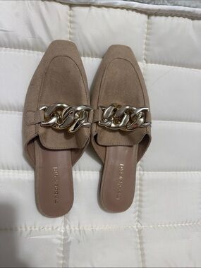 Madden Girl Taupe Slip-On Mules with Gold Chain Accent